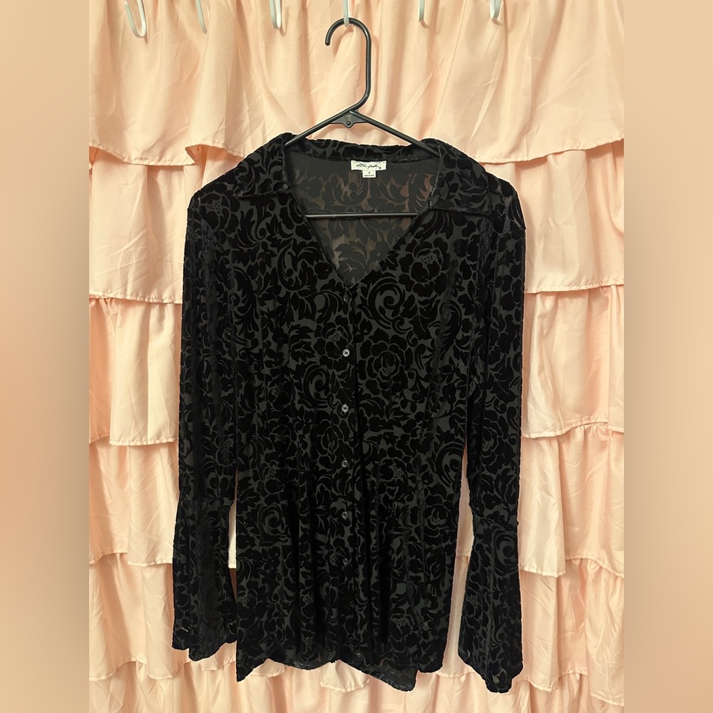 Ultra Pink Black Floral Velvet Whimsigoth Burnout Button Down  Long Sleeve Shirt